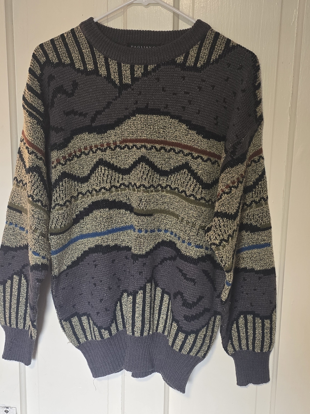 Pagliano Vintage Men's Patterned Crewneck Sweater in Charcoal and Olive, Medium